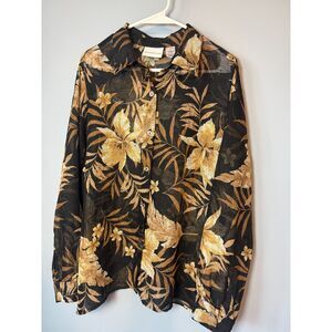 Alfred Dunner Vintage Sheer Tropical Floral Button Down Blouse – Gold & Black, S
